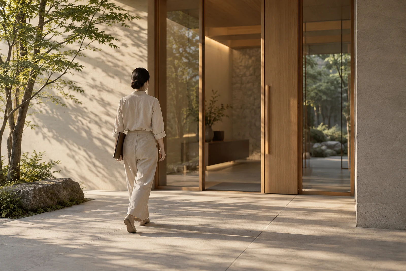 社員がエントランスの扉へ向かって歩く朝の光景