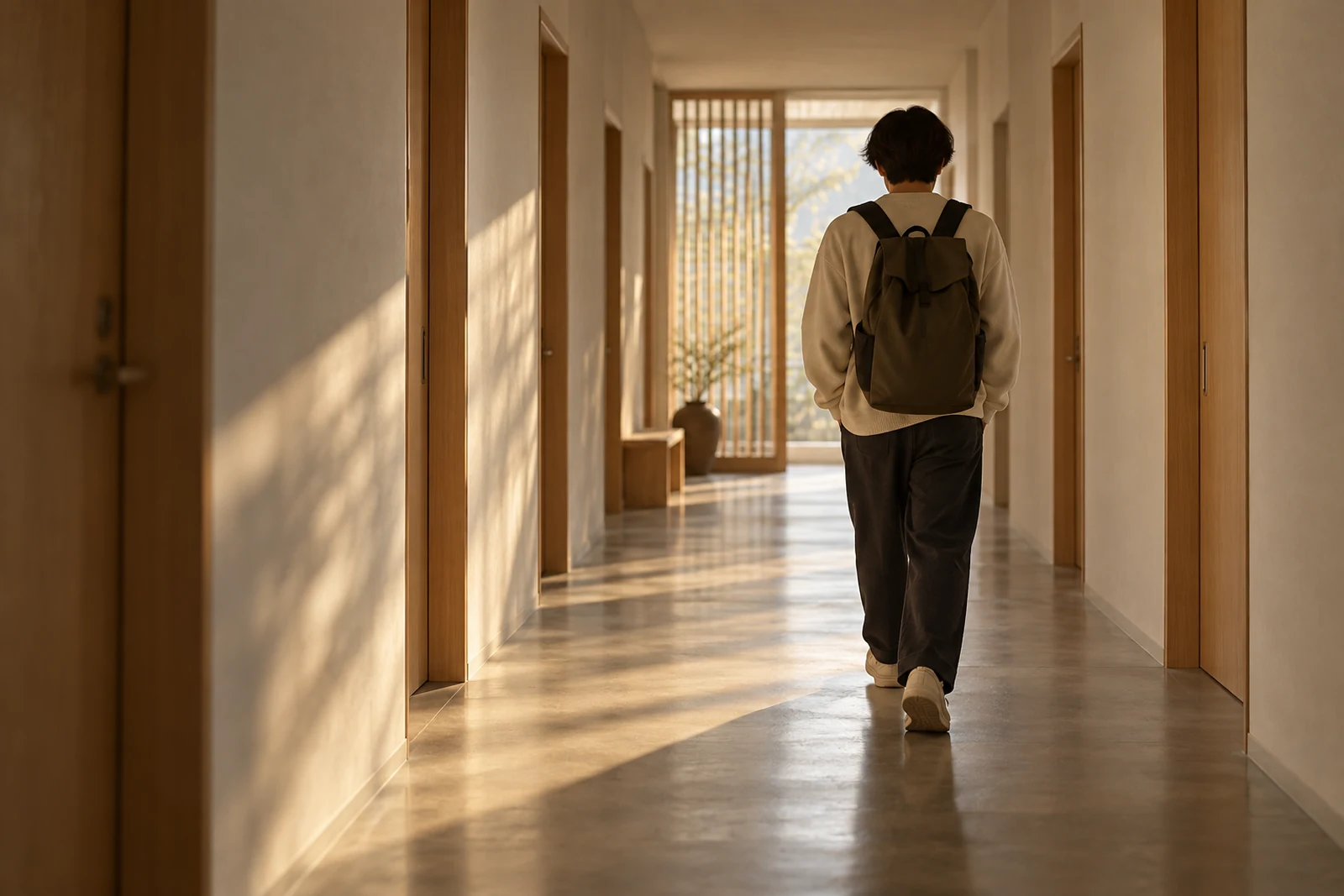 寮の廊下を歩く若い人