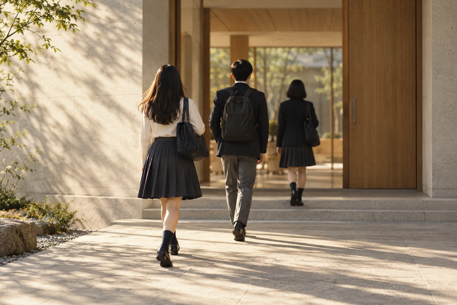 校舎の昇降口へ向かう学生