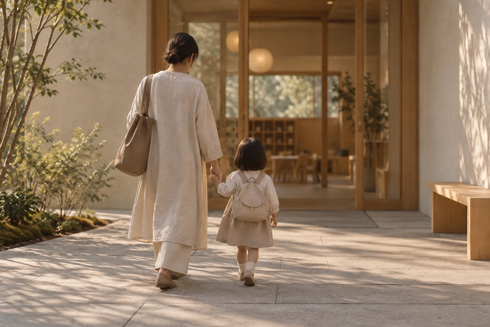 保護者と子どもが手をつないで園の入口へ
