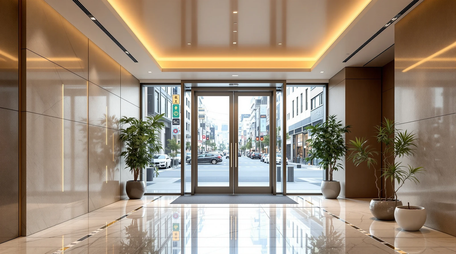 入退室管理 クラウド オンプレミス 違い - Modern Japanese corporate office entrance lobby wi