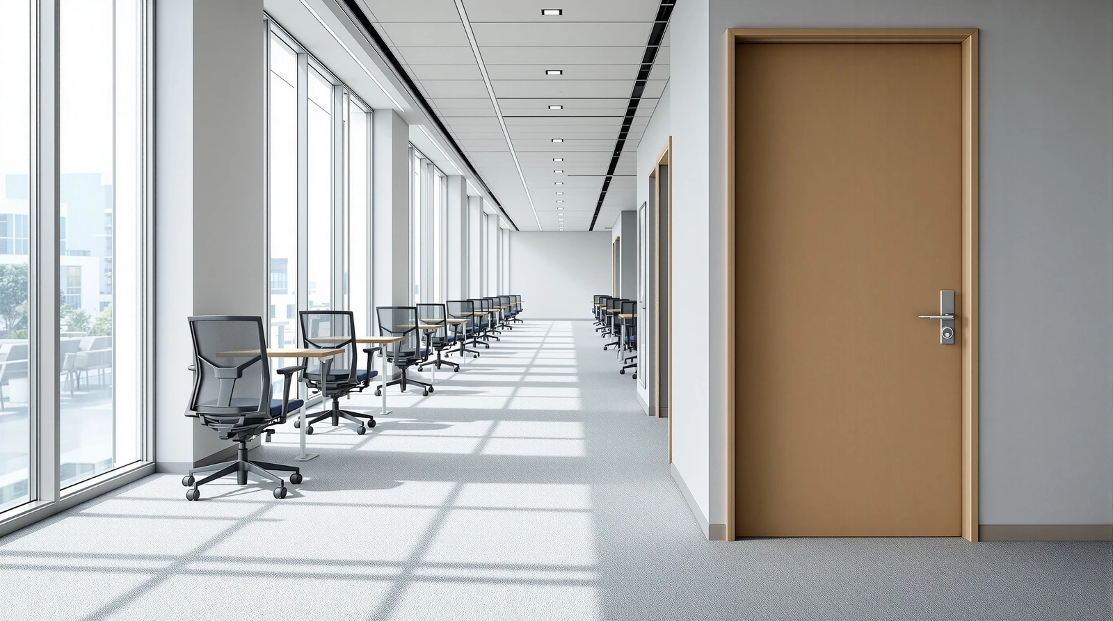ISMS 物理的アクセス制御 入退 要件 解説 - 整然と机が並ぶ日本の企業オフィス内部の明るい執務空間