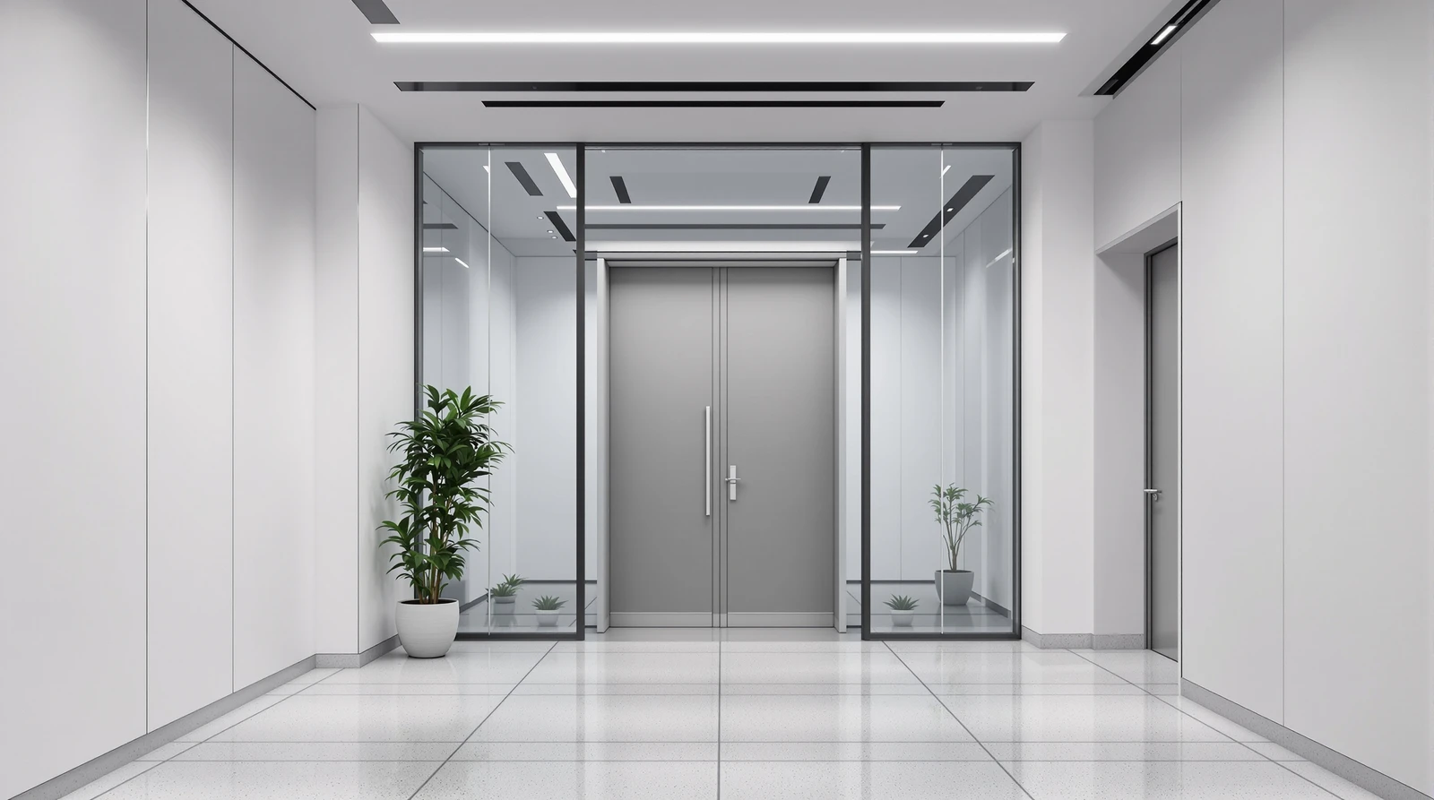 Pマーク 入退室管理 必要 - Modern Japanese corporate office corridor with a g