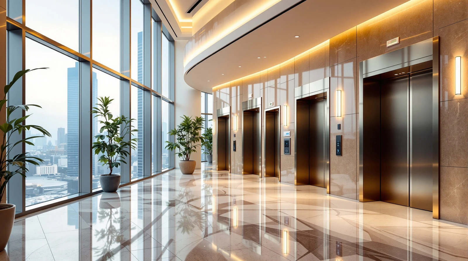 エレベーター セキュリティ 制御 - Modern high-rise office building lobby interior wi