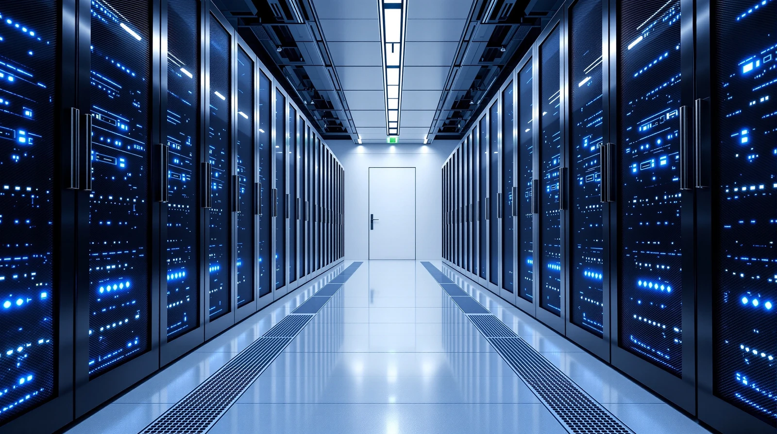 サーバ室 入退室管理 高セキュリティ - 整然と並ぶサーバーラックが続く清潔なデータセンター内の通路