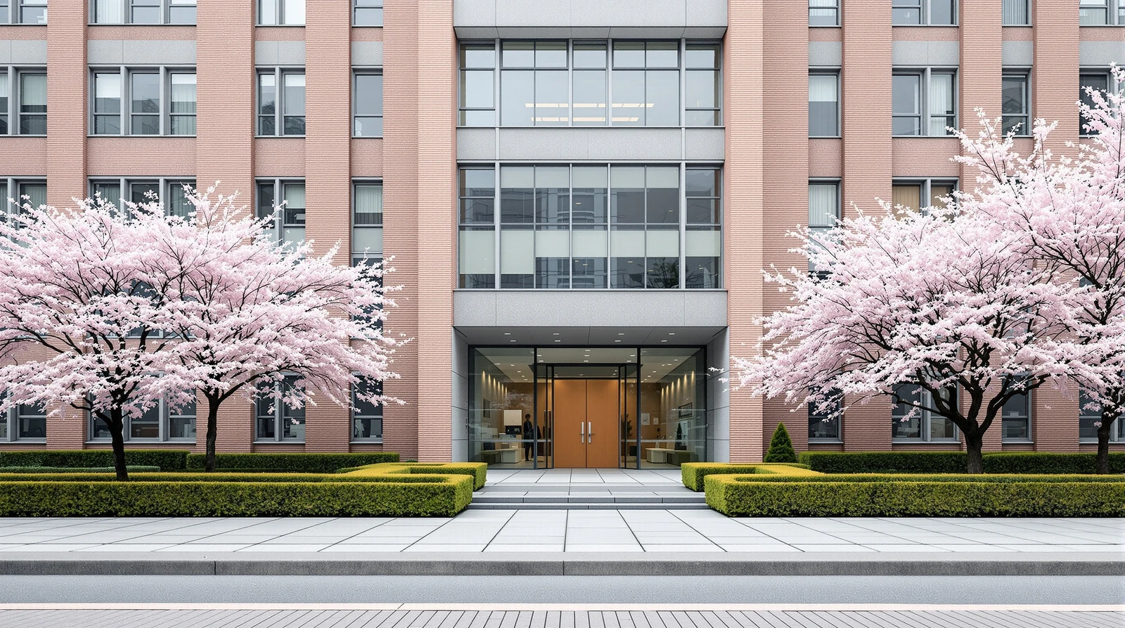 大学 入試業務室 機密 期間限定 入退 - 落ち着いた大学キャンパスの外観と並木