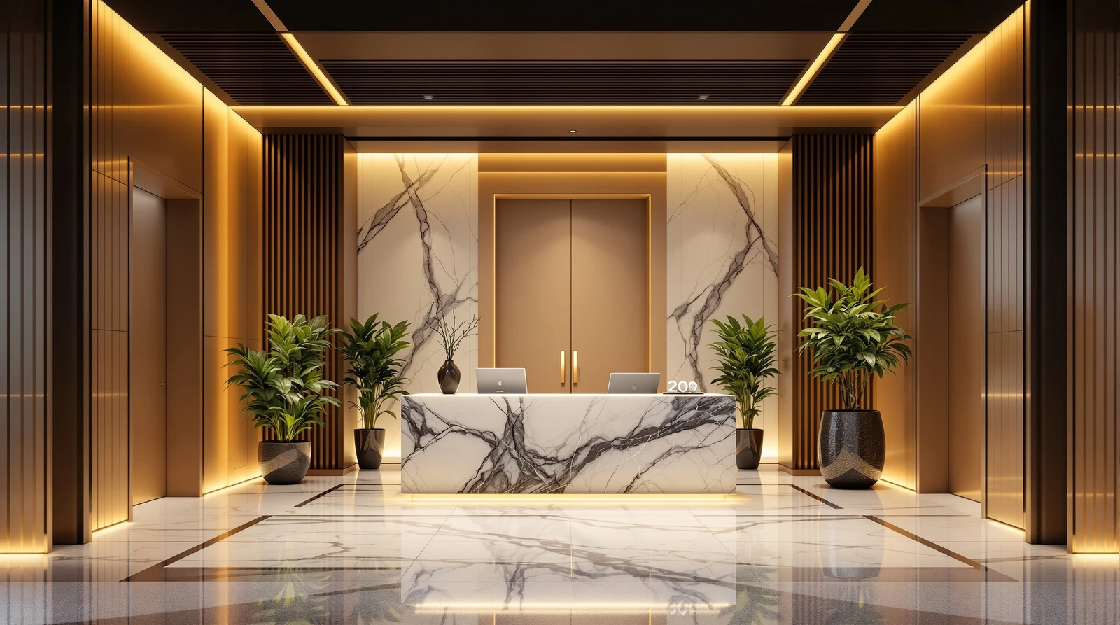 モバイルクレデンシャル 入退室 - Modern Japanese corporate office entrance lobby wi